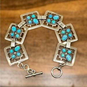 Gorgeous Sterling Silver Bracelet with Blue-Green Opal Cabochons